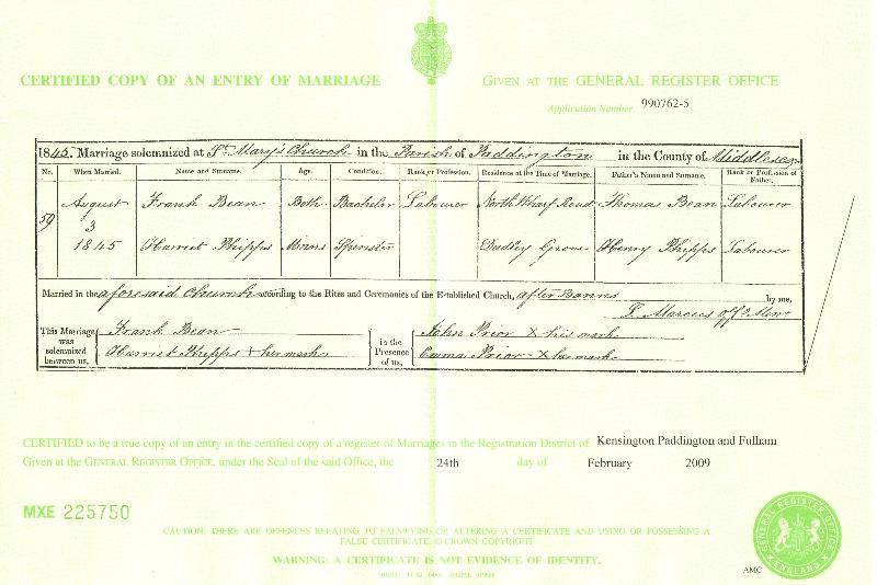 Frank Bean & Harriett Phipps 1845 Marriage Certificate